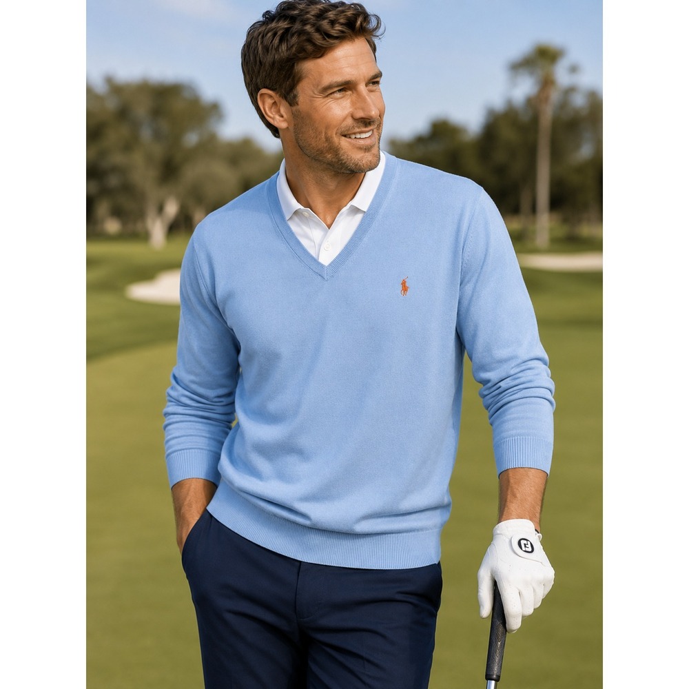 VTG Polo Ralph Lauren Blue V Neck Sweater Pima Cotton Pullover Mens Large